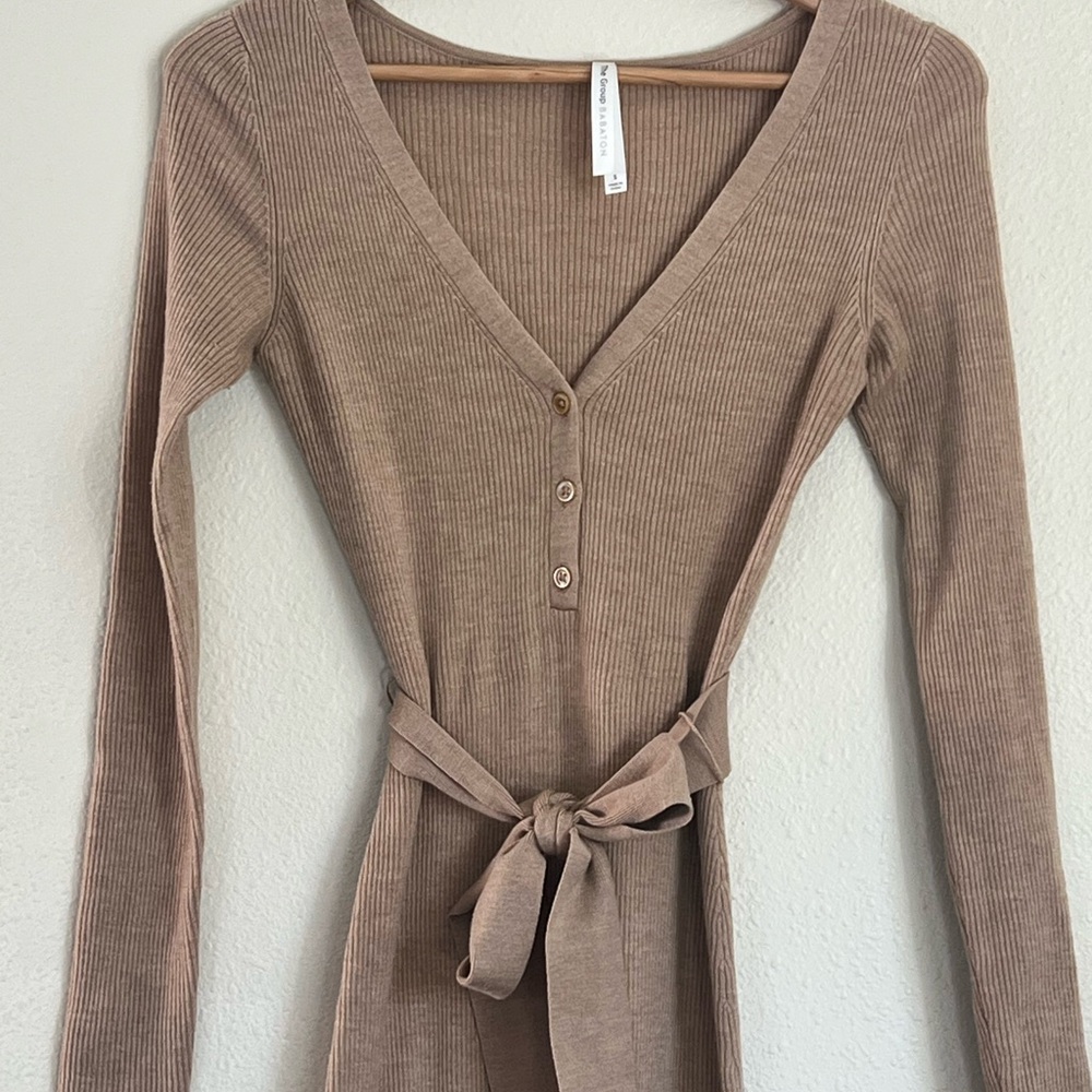 Babaton Ribbed V-Neck Tie-Waist Long Sleeve Dress - Beige - Picture 2 of 11